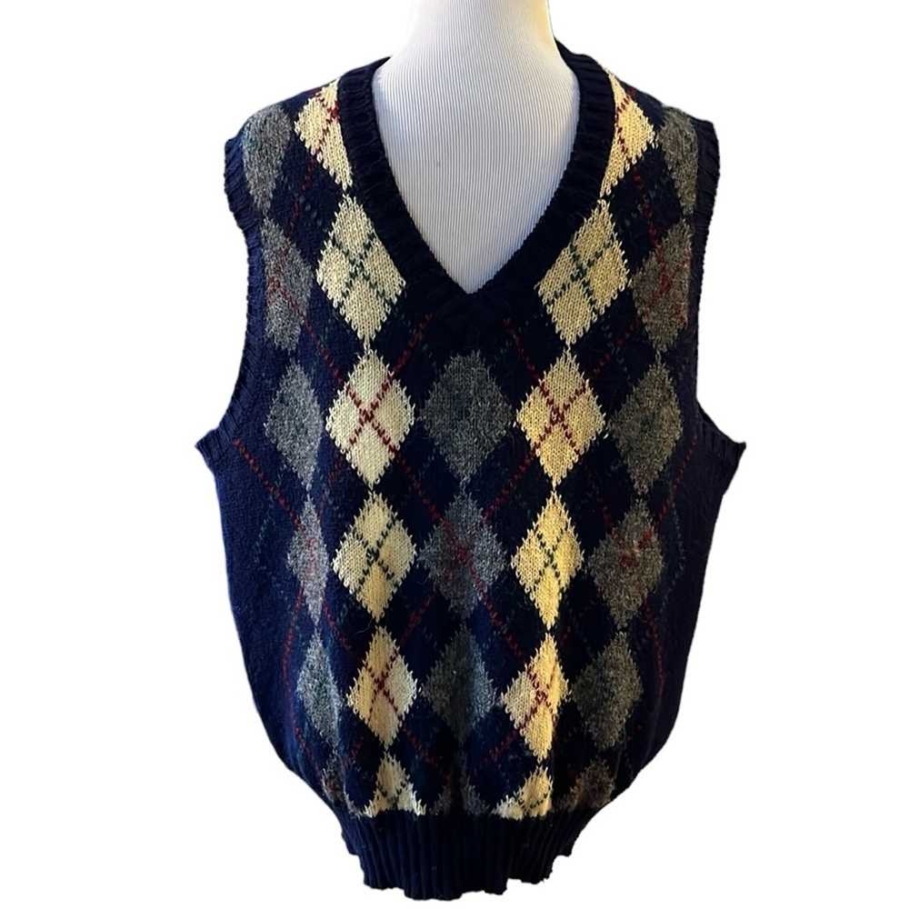 VINTAGE SADDLEBRED SHETLAND WOOL ARGYLE SWEATER VEST NAVY BLUE MULTI SIZE LARGE